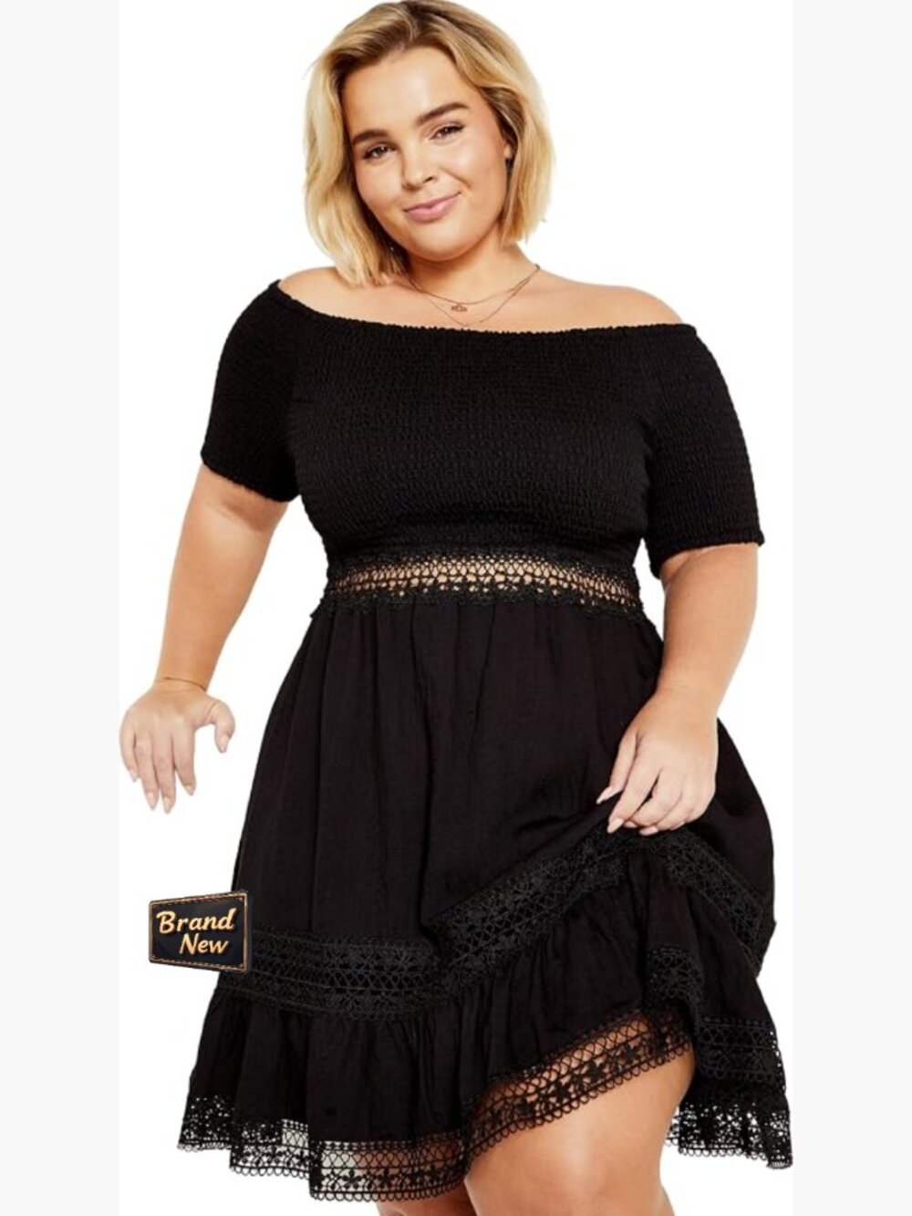 Plus Size Mini A-Line Dress Crochet Ruffle Hem Shirred Bodice Short Sleeve